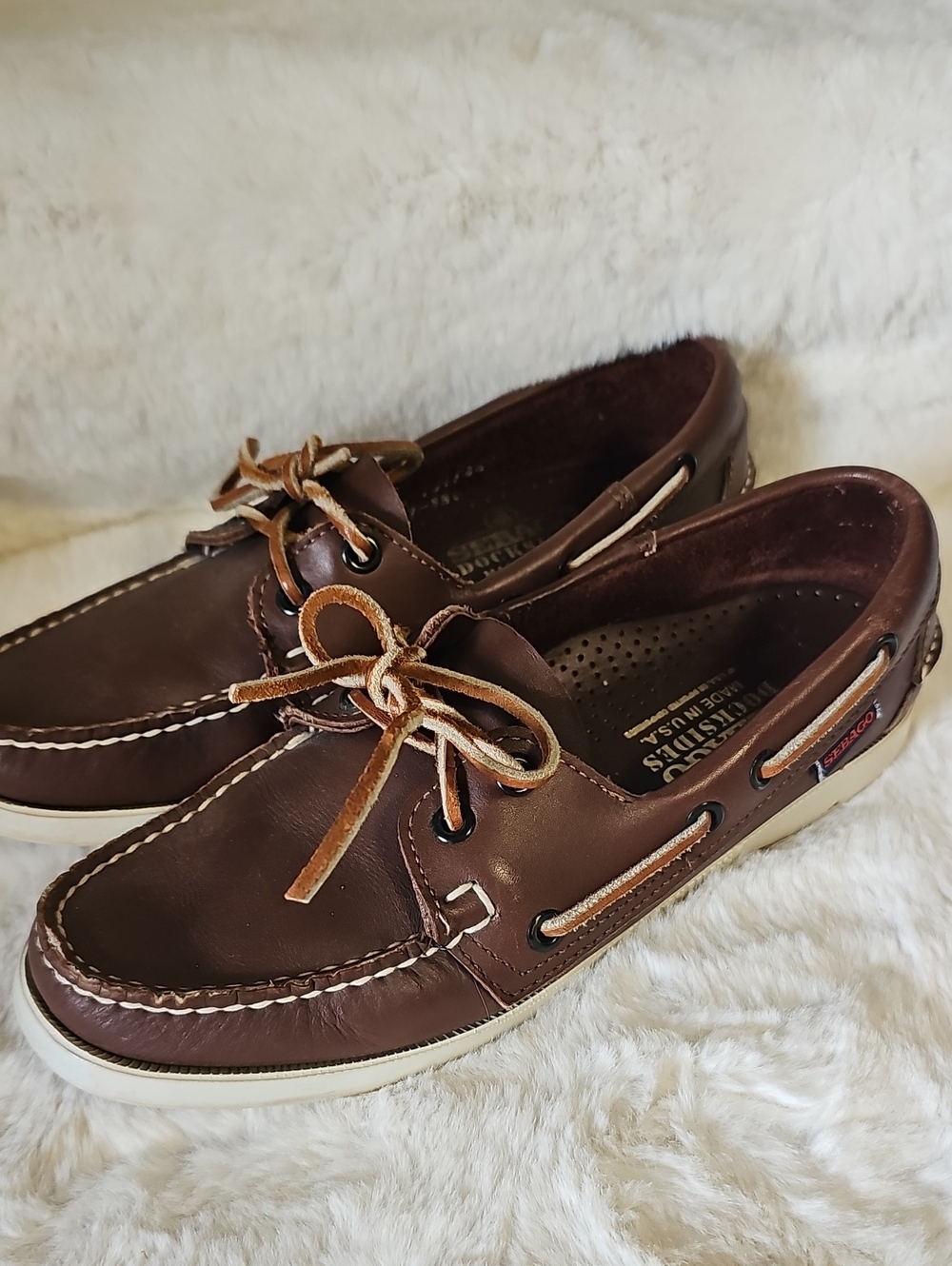 Sebago Docksides Dark Brown Leather Boat Loafers with Tan Laces